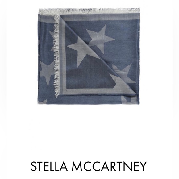 STELLA MCCARTNEY Blue Silk Scarf, Star ⭐️ Motif with Fringe Ends - Picture 9 of 14